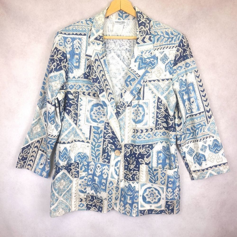 Vintage Copy Cats Colorblock Geometric Long Floral One Button Canvas Blazer Lg